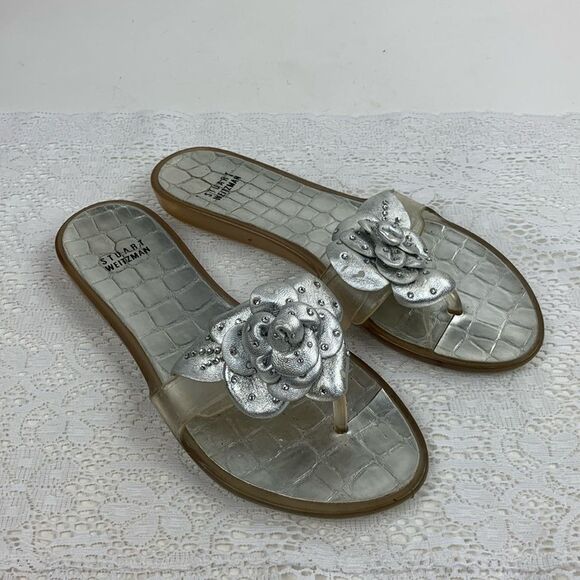 Stuart Weitzman Sandals Silver Clear Jelly Rose Accents thong toe Size 8 Slip on - Picture 1 of 13